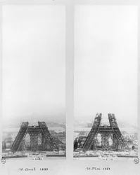 Two views of the construction of the Eiffel Tower, Paris, 10th April and 10th May 1888